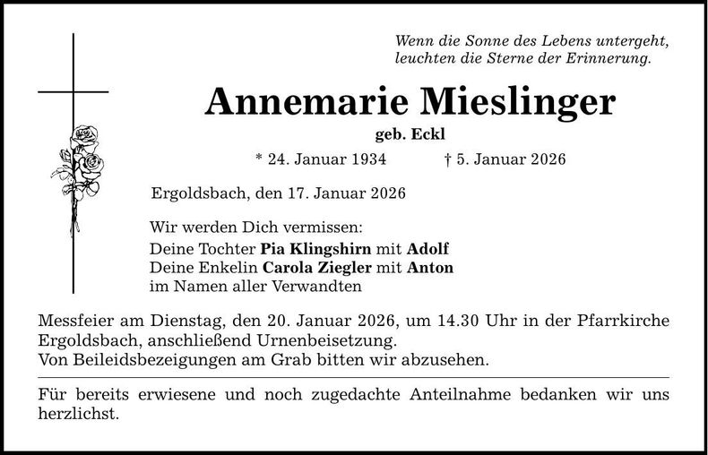 Traueranzeige Annemarie Mieslinger