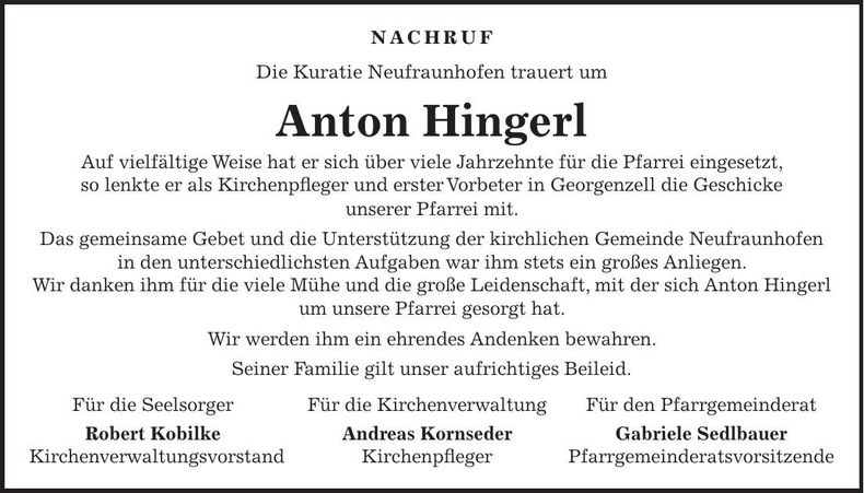 Traueranzeige Anton Hingerl