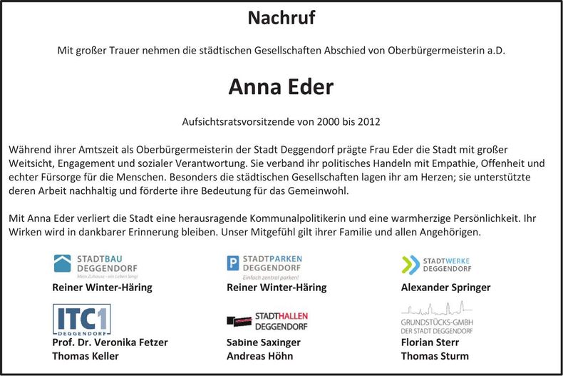 Traueranzeige Anna Eder
