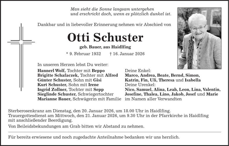Traueranzeige Otti Schuster