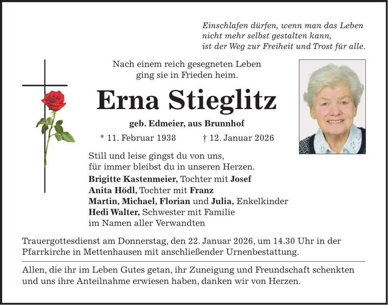 Traueranzeige Erna Stieglitz