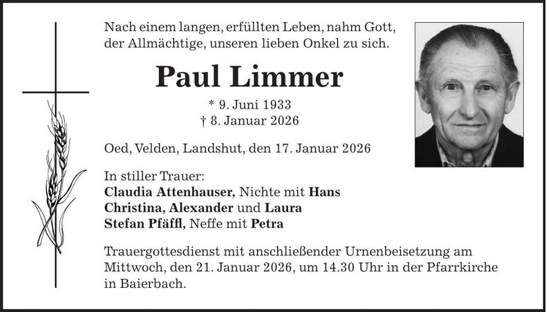 Traueranzeige Paul Limmer