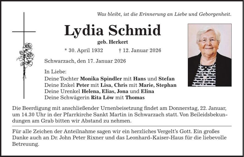 Traueranzeige Lydia Schmid