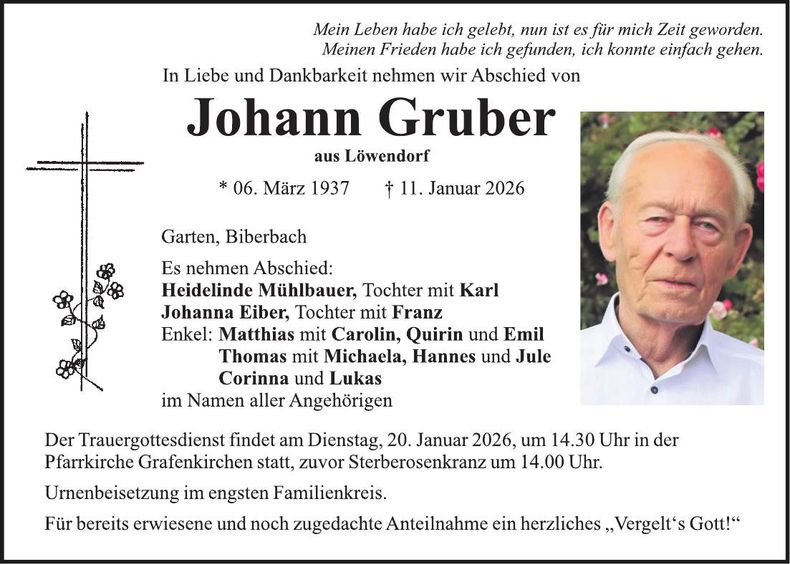 Traueranzeige Johann Gruber