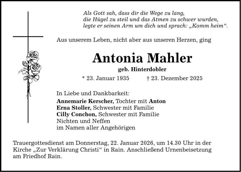 Traueranzeige Antonia Mahler