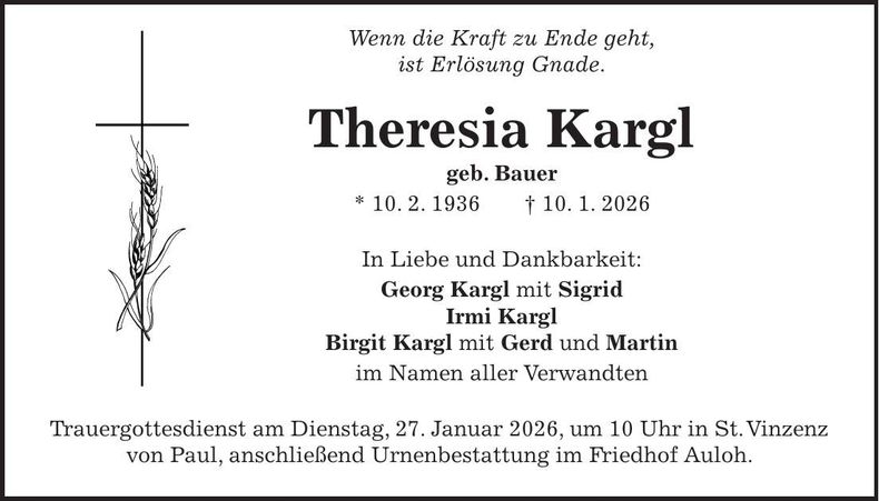 Traueranzeige Theresia Kargl