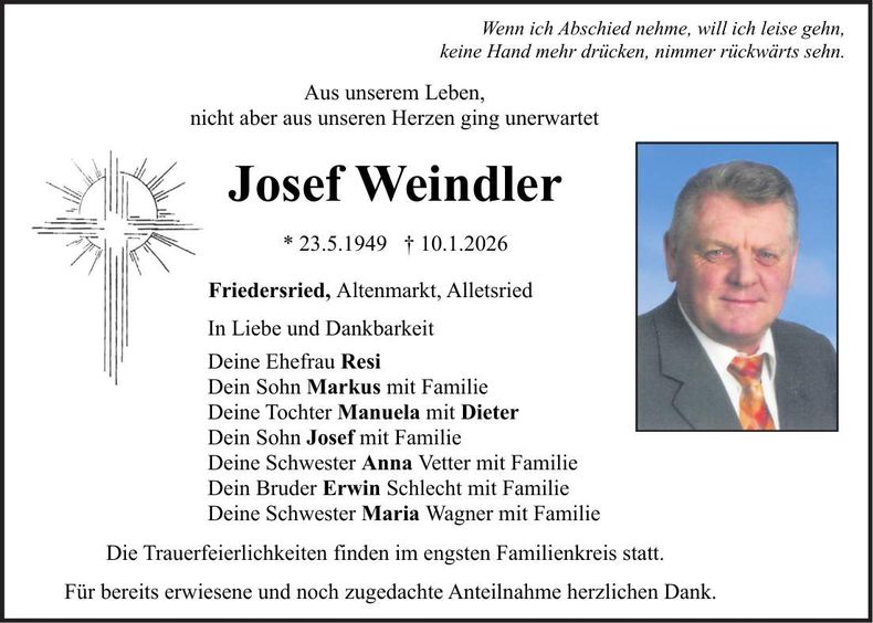 Traueranzeige Josef Weindler