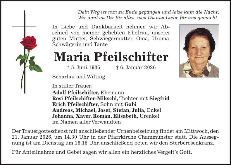 Traueranzeige Maria Pfeilschifter