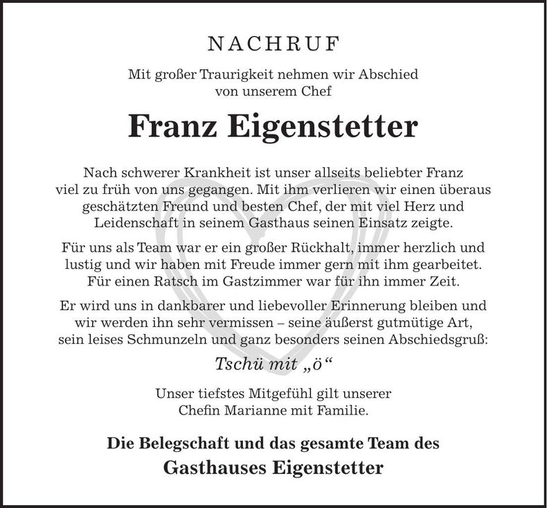 Traueranzeige Franz Eigenstetter