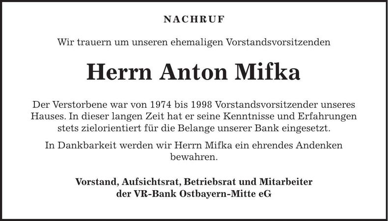 Traueranzeige Anton Mifka
