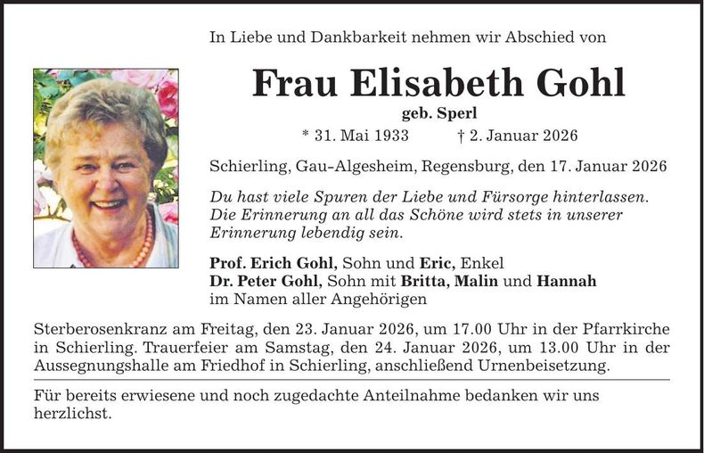 Traueranzeige Elisabeth Gohl