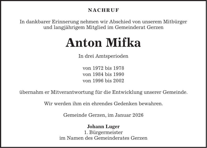 Traueranzeige Anton Mifka