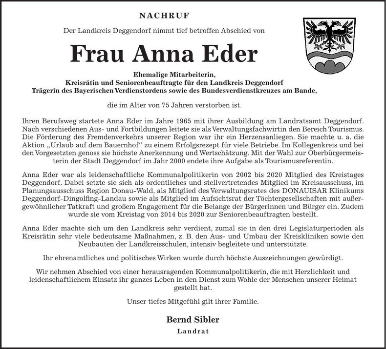 Traueranzeige Anna Eder