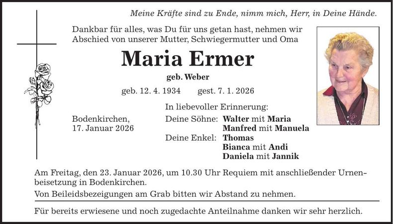 Traueranzeige Maria Ermer