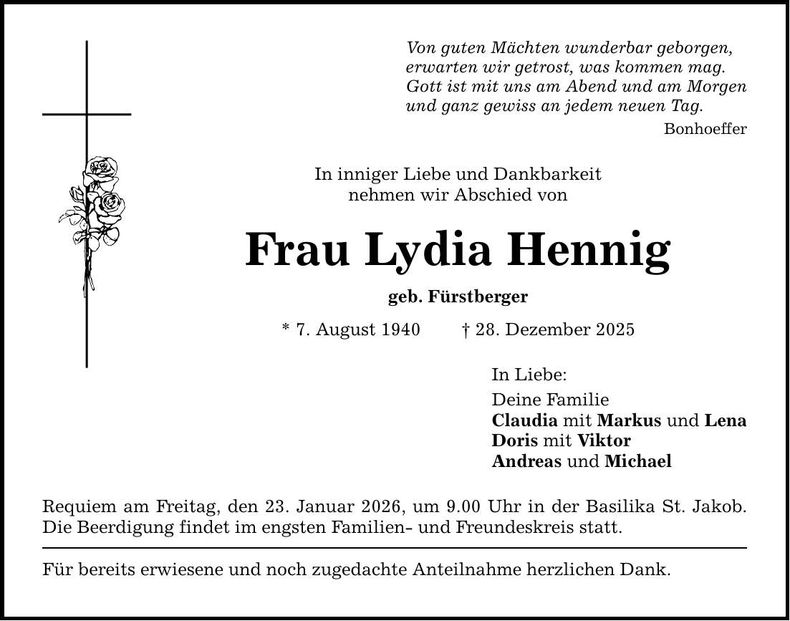 Traueranzeige Lydia Hennig