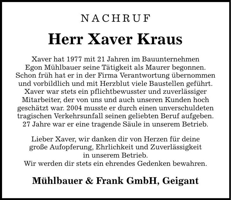 Traueranzeige Xaver Kraus
