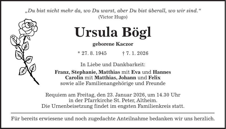 Traueranzeige Ursula Bögl