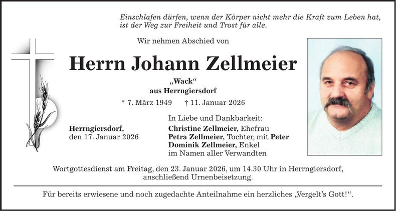 Traueranzeige Johann Zellmeier