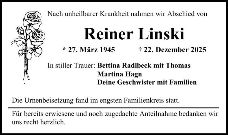Traueranzeige Reiner Linski