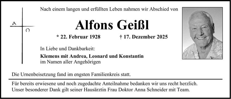 Traueranzeige Alfons Geißl