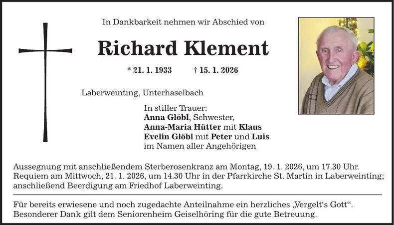 Traueranzeige Richard Klement