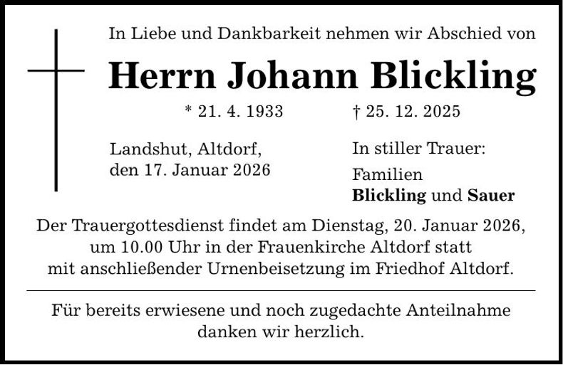 Traueranzeige Johann Blickling