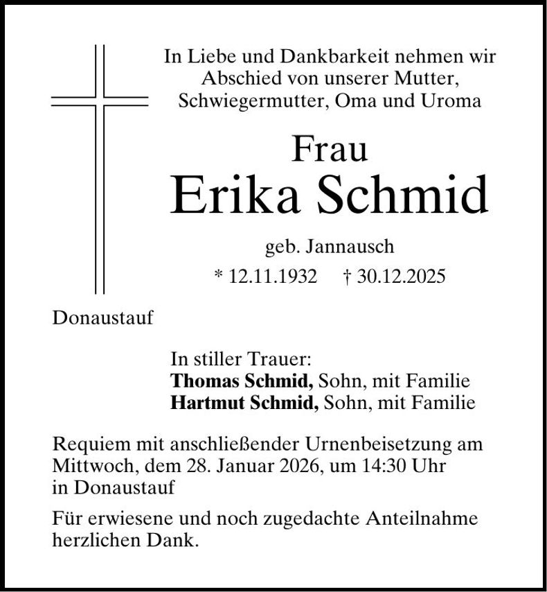 Traueranzeige Erika Schmid