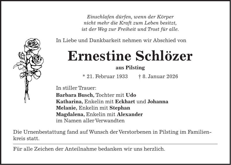 Traueranzeige Ernestine Schlözer