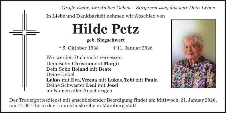 Traueranzeige Hilde Petz