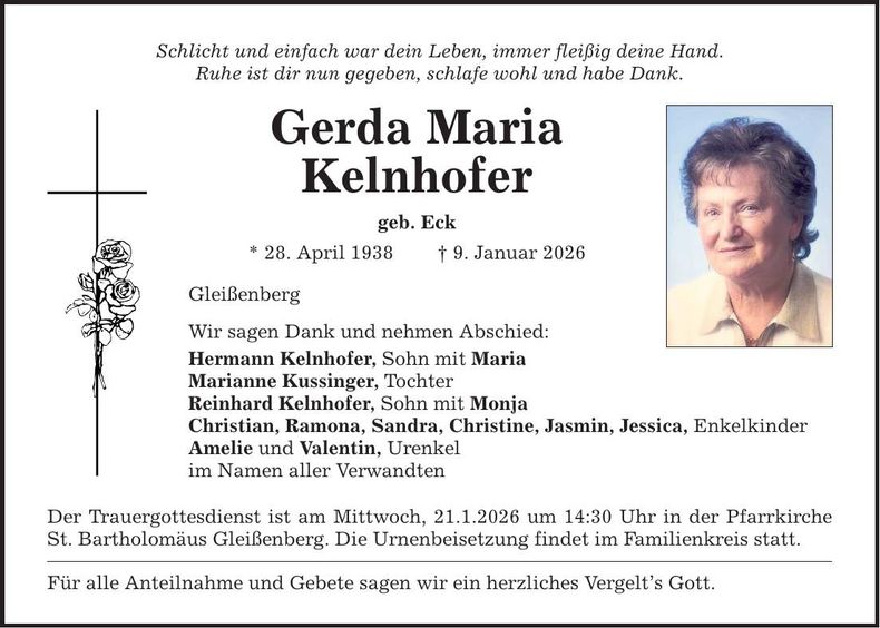 Traueranzeige Gerda Maria Kelnhofer
