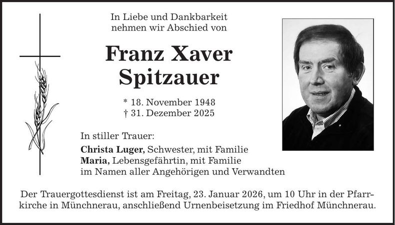 Traueranzeige Franz Xaver Spitzauer