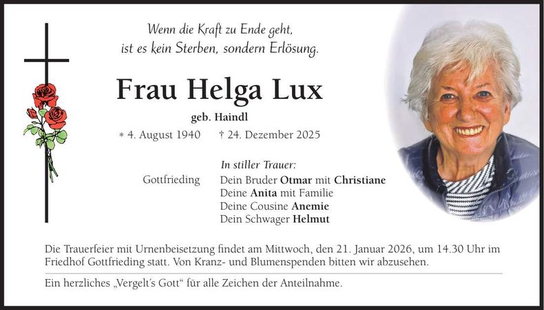 Traueranzeige Helga Lux