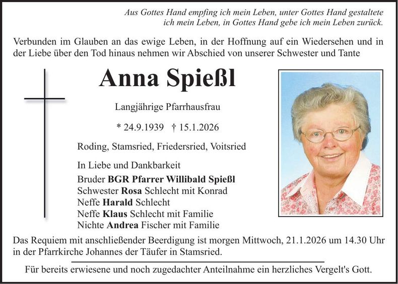 Traueranzeige Anna Spießl