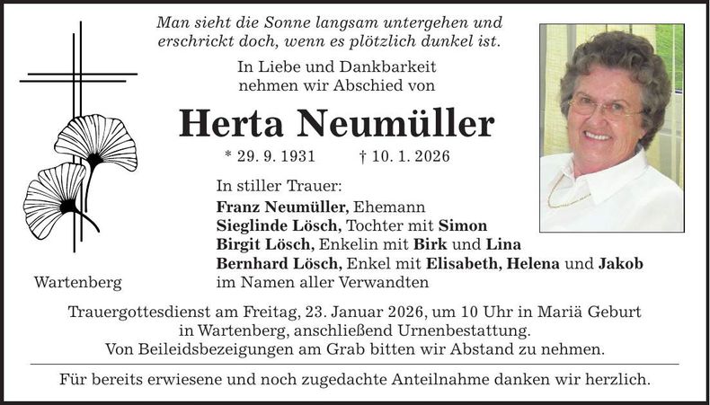 Traueranzeige Herta Neumüller