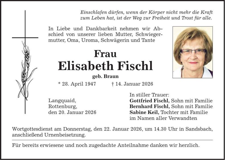 Traueranzeige Elisabeth Fischl