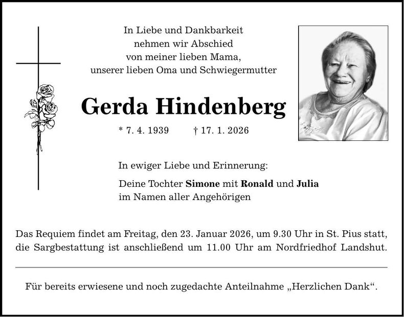 Traueranzeige Gerda Hindenberg