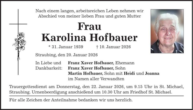 Traueranzeige Karolina Hofbauer