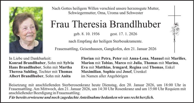 Traueranzeige Theresia Brandlhuber