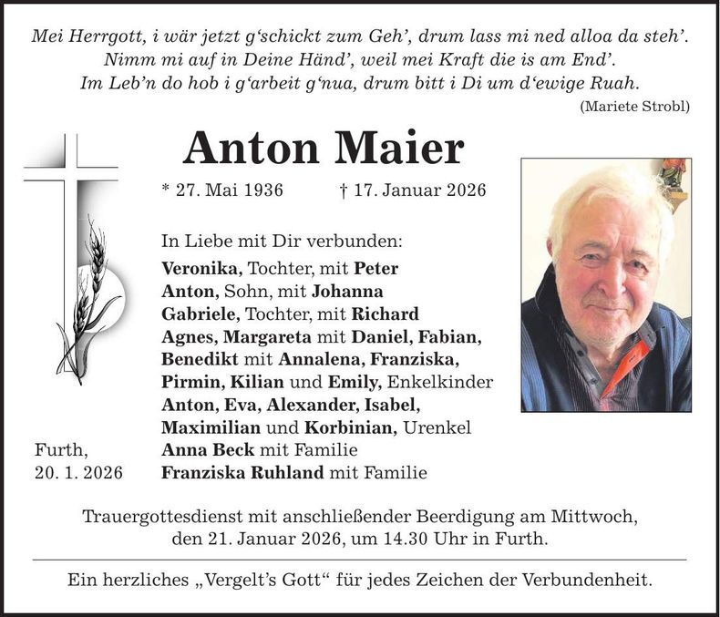 Traueranzeige Anton Maier