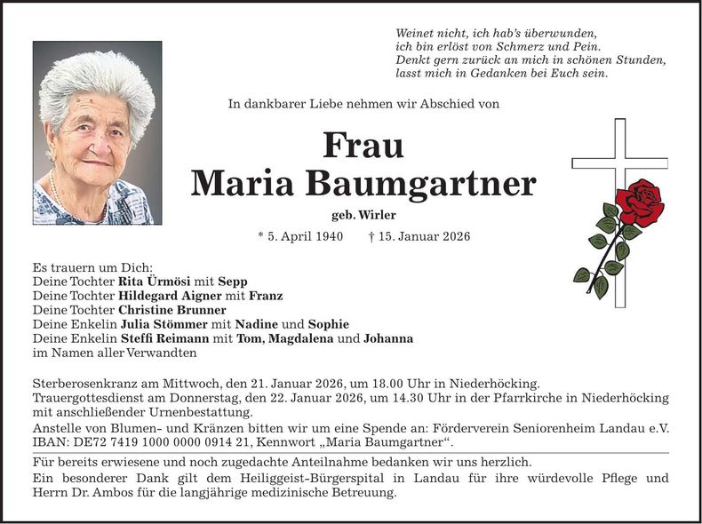 Traueranzeige Maria Baumgartner