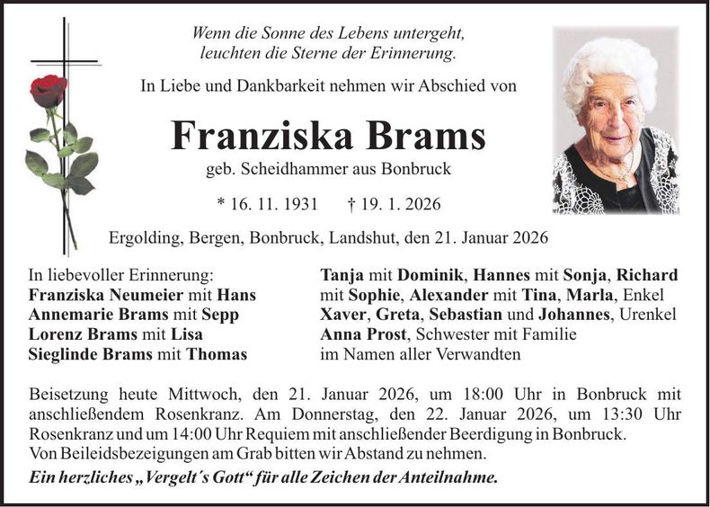 Traueranzeige Franziska Brams