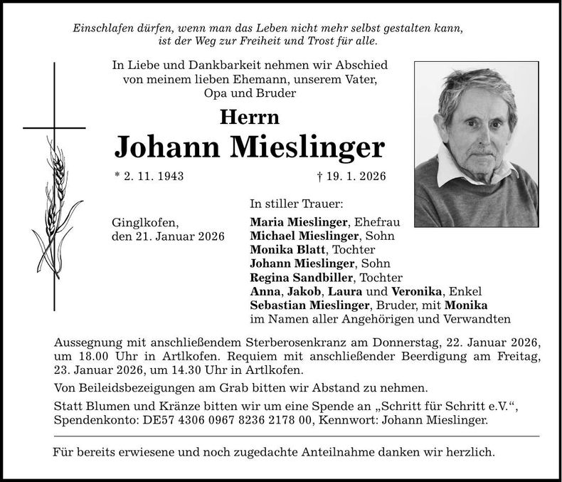 Traueranzeige Johann Mieslinger