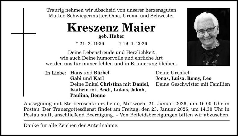Traueranzeige Kreszenz Maier