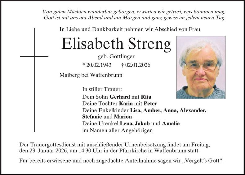 Traueranzeige Elisabeth Streng