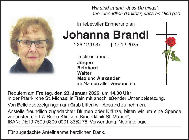 Traueranzeige Johanna Brandl