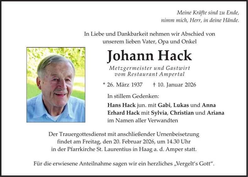 Traueranzeige Johann Hack