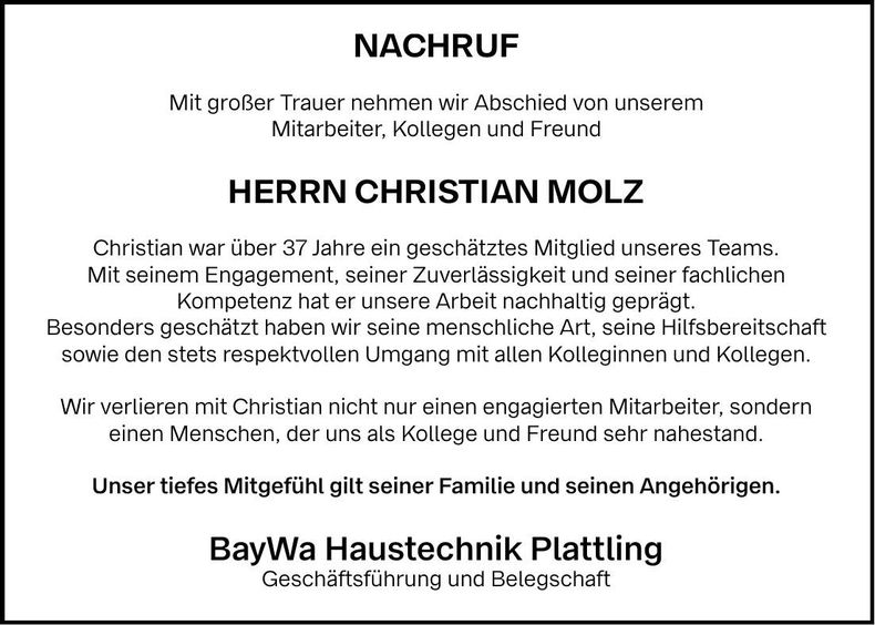 Traueranzeige Christian Molz
