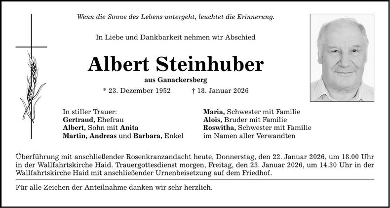 Traueranzeige Albert Steinhuber
