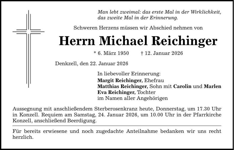 Traueranzeige Michael Reichinger