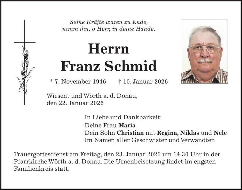 Traueranzeige Franz Schmid